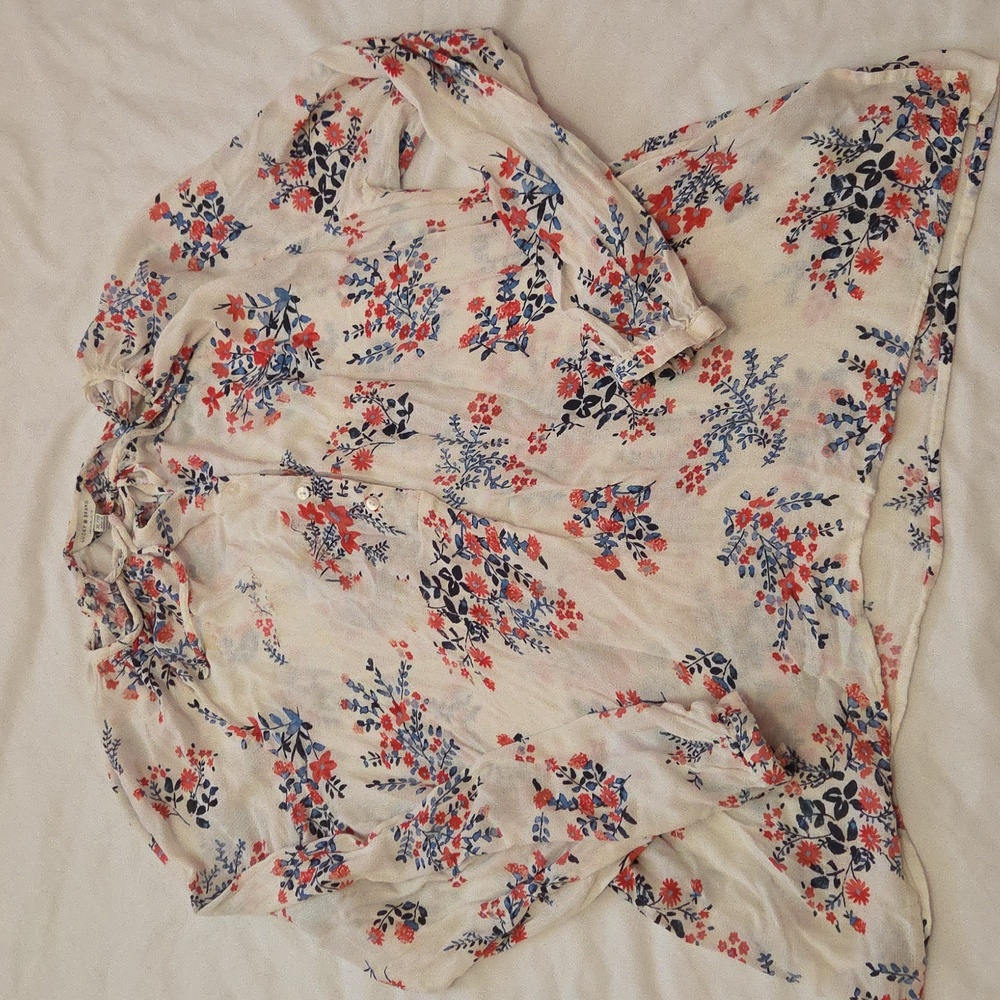 Lucky Brand Floral Boho Peasant Blouse Tie Neck Long Sleeve Women’s XL